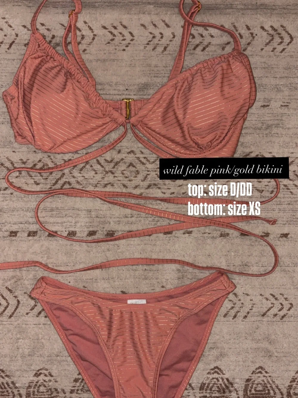 wild fable coral pink bikini with gold stripe accents